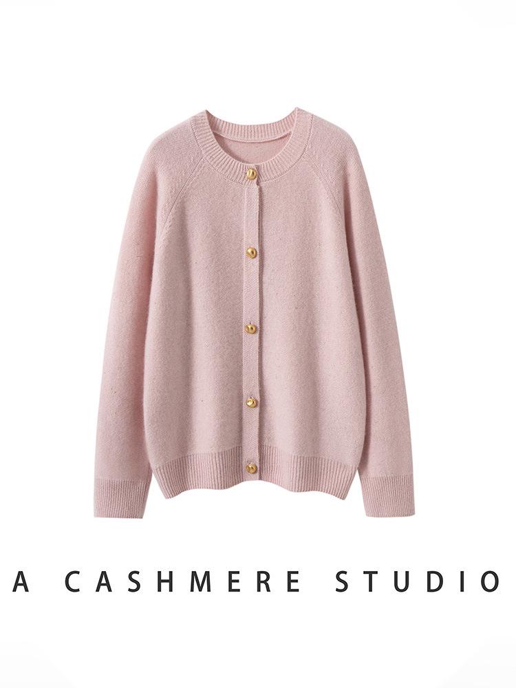 Women's Cashmere Cardigan: Thick, Round Neck, Raglan Sleeves, Versatile Knit for Autumn/Winter.
