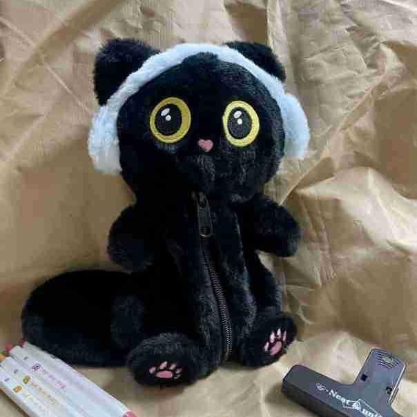 Fluffy Black Cat Pen Case With Large Capacity Student Stationery Organizer For Cute Desk Decor