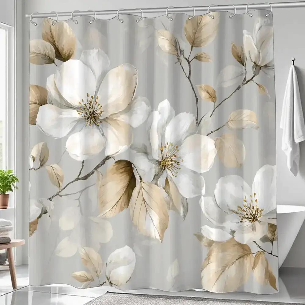 

Off-White Floral Watercolor Patterned Shower Curtain, Polyester Fabric, Machine Washable, Suitable For Bathroom Dcor. W60H190(CM)-1 Pcs