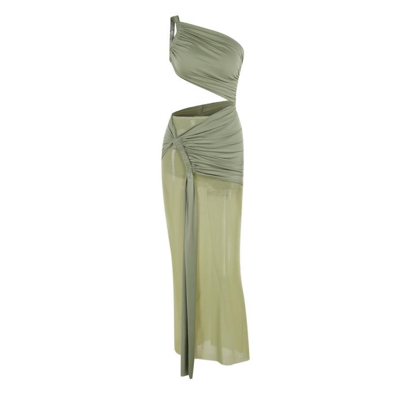 European and American summer sexy temperament single shoulder suspender slim pleated mesh dress for women