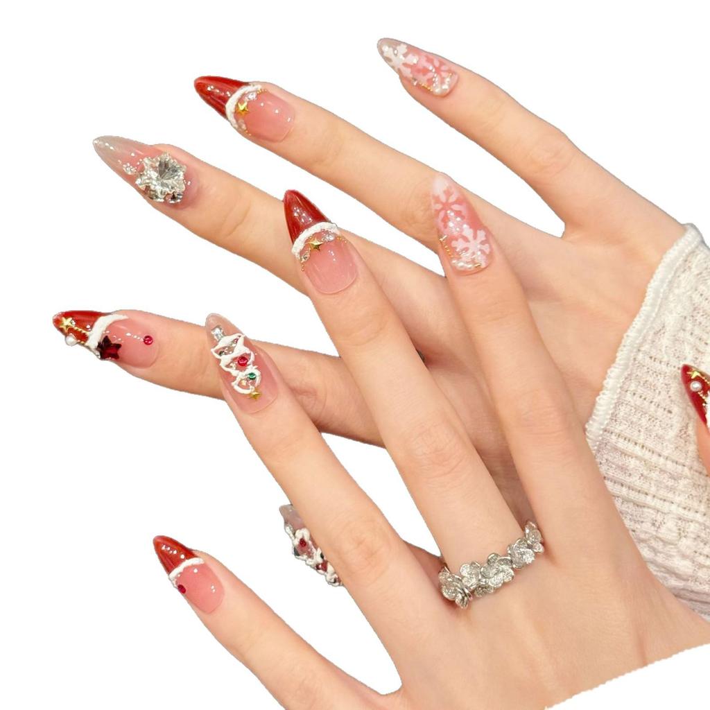 Yihe Wearable Nails - Red Velvet Snowflake Christmas Blush French Manicure (Purely Handmade)