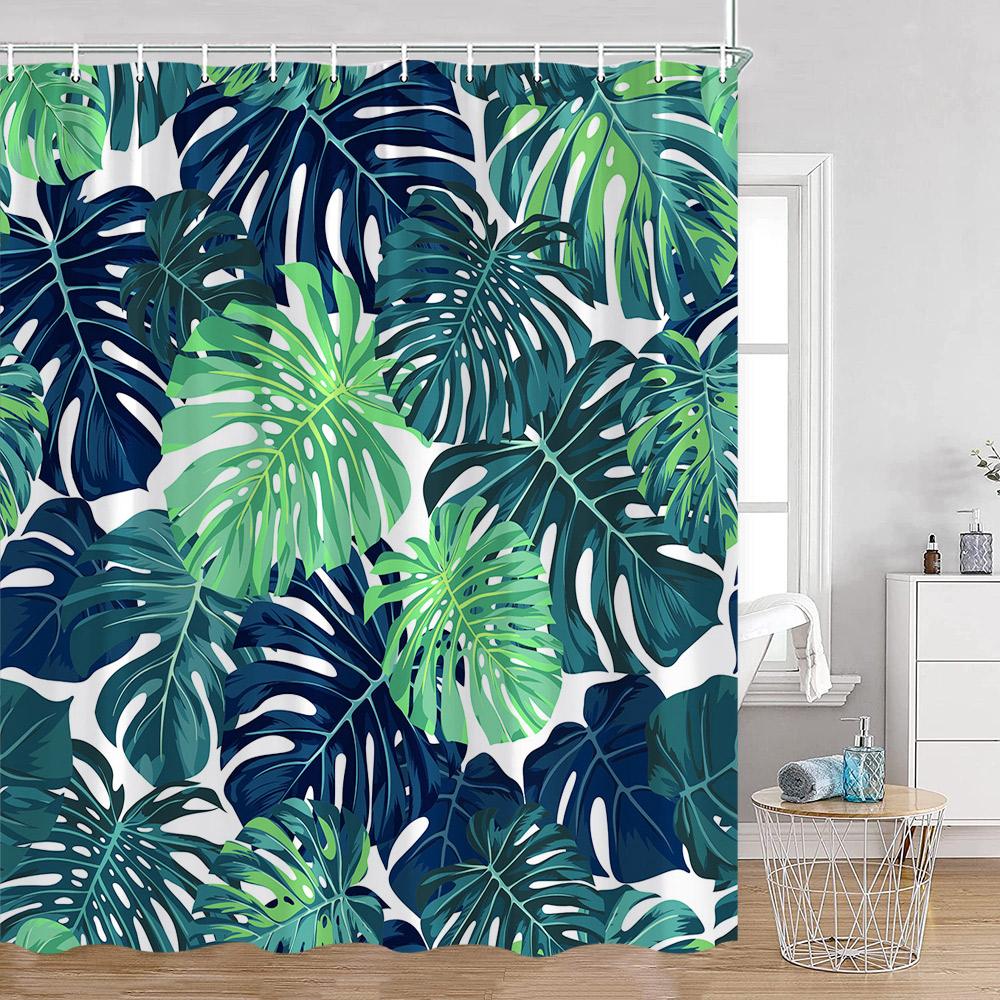 Green Leaves Shower Curtains Monstera Palm Leaf Green Plants Botanical Bathroom Curtain Greenery Bath Deorations with Hooks