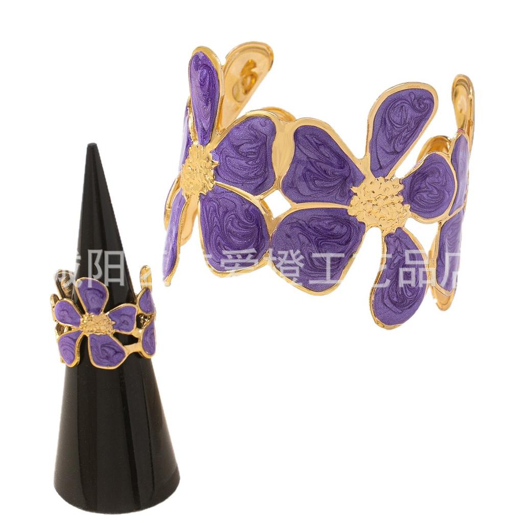 2-Piece Set, Oil Drop Versatile Fashion Five-Petal Flower Ring, Bracelet Opening Adjustable Women'S Jewelry Set