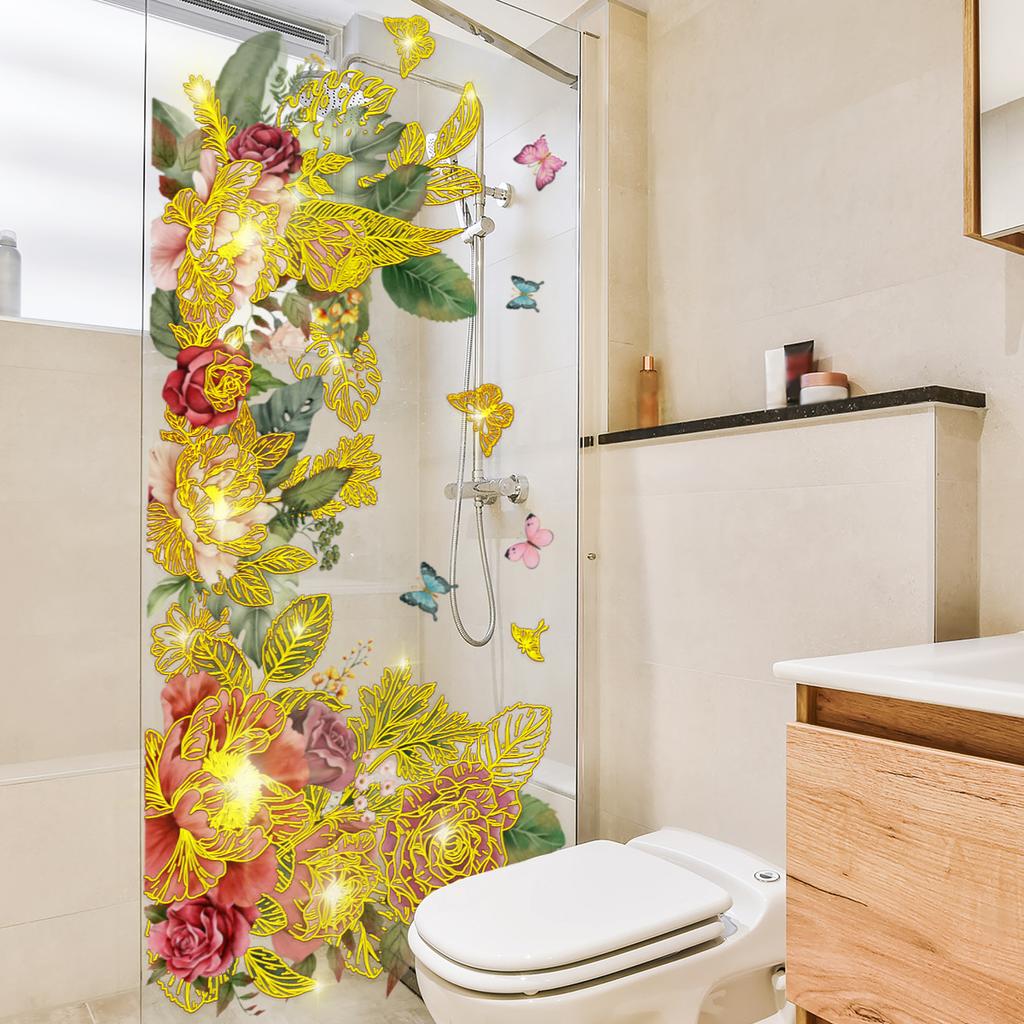 Hand-Painted Flowers, Green Leaves, Butterflies, Bronzing Wall Stickers Decorate Children'S Room, Bedroom Background Self-Adhesive Wall Stickers