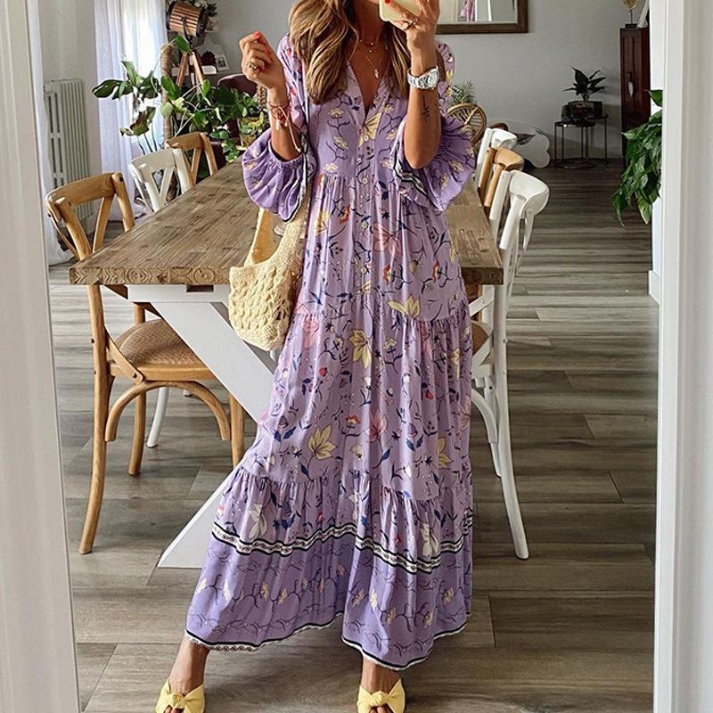 Damen Herbst Print V-Ausschnitt Langarm Single Breasted Loose Swing  MaxiKleid günstig kaufen — Preis, kostenlose Lieferung, echte Bewertungen  mit Fotos — Joom
