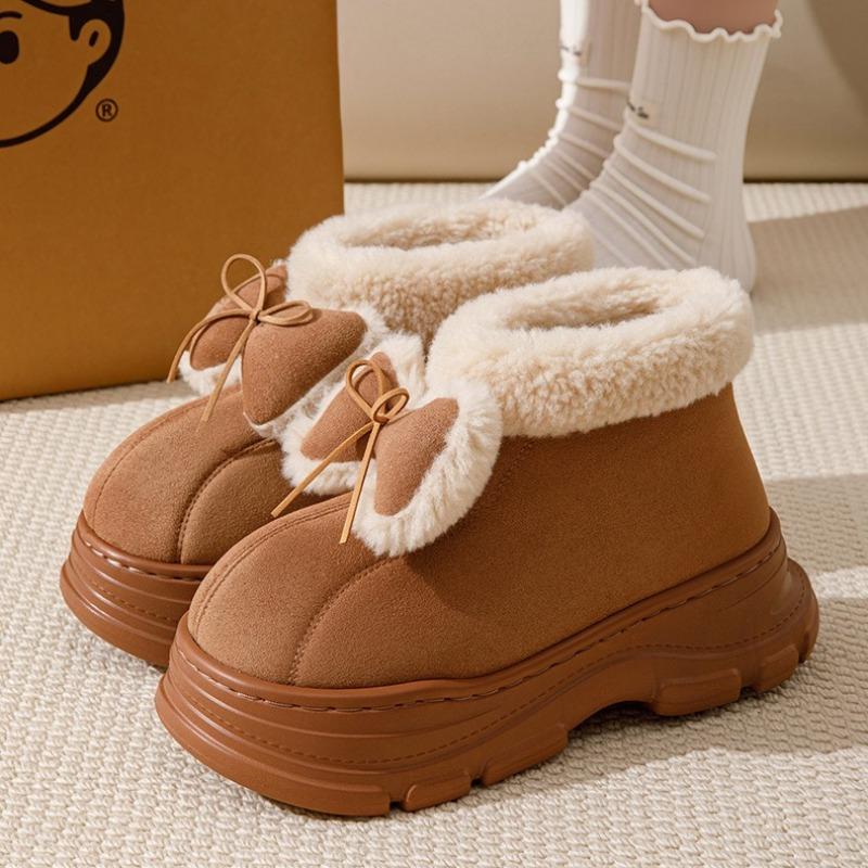 Thick Soled Butterfly Knot Women Cotton Shoes Winter  Warm Furry Outdoor Non Slip Platform Faux Fur Street Girl Snow Boots