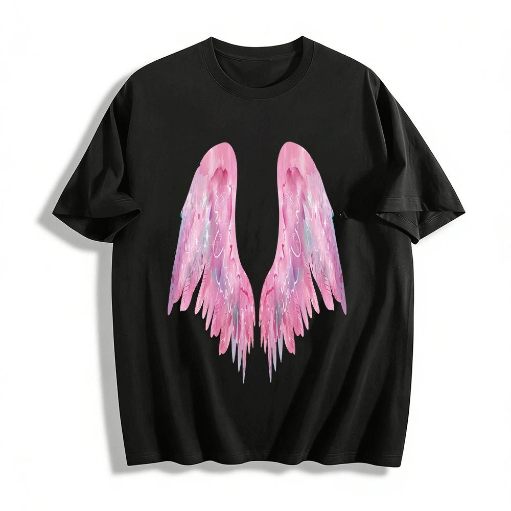 Dreamy Pink Purple Gradient Angel Wing Print Casual Top Pure cotton T-shirt XXS