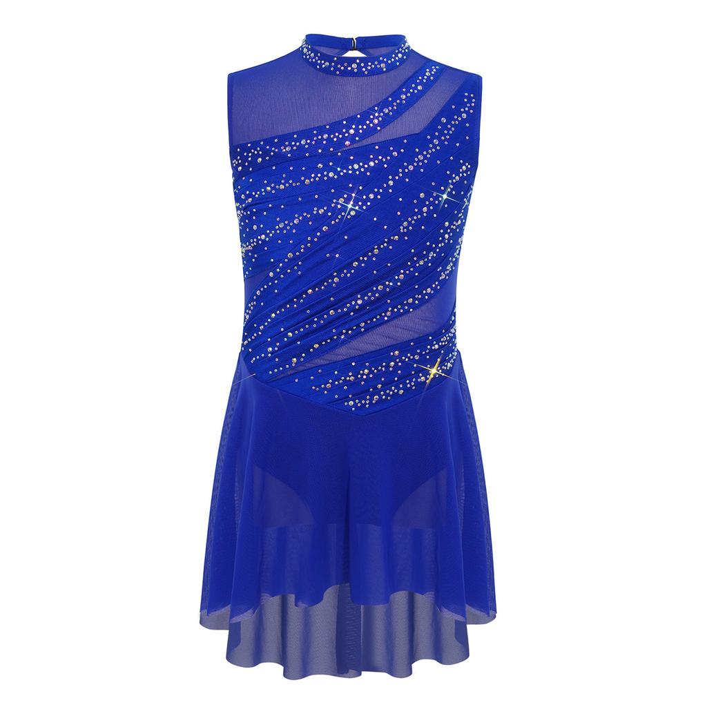 Girls Mesh Patchwork Sleeveless Cutout Back Ruched High Low Hem Shiny Rhinestone Dress Dance Performance Gown