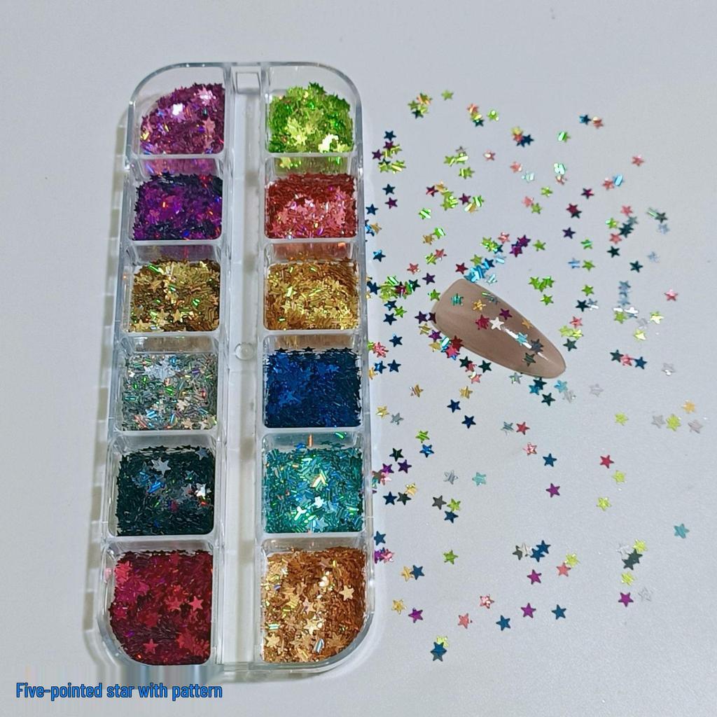 12-Color Star Sequin Nail Stickers - Laser Hollow DIY Art Material