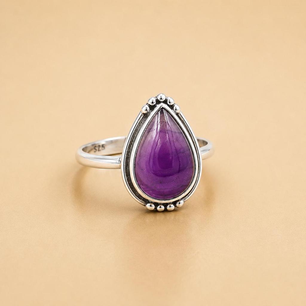 Amethyst Minimalist Statement Ring, 925 Sterling Silver Jewelry, Handmade Purple Gemstone Ring