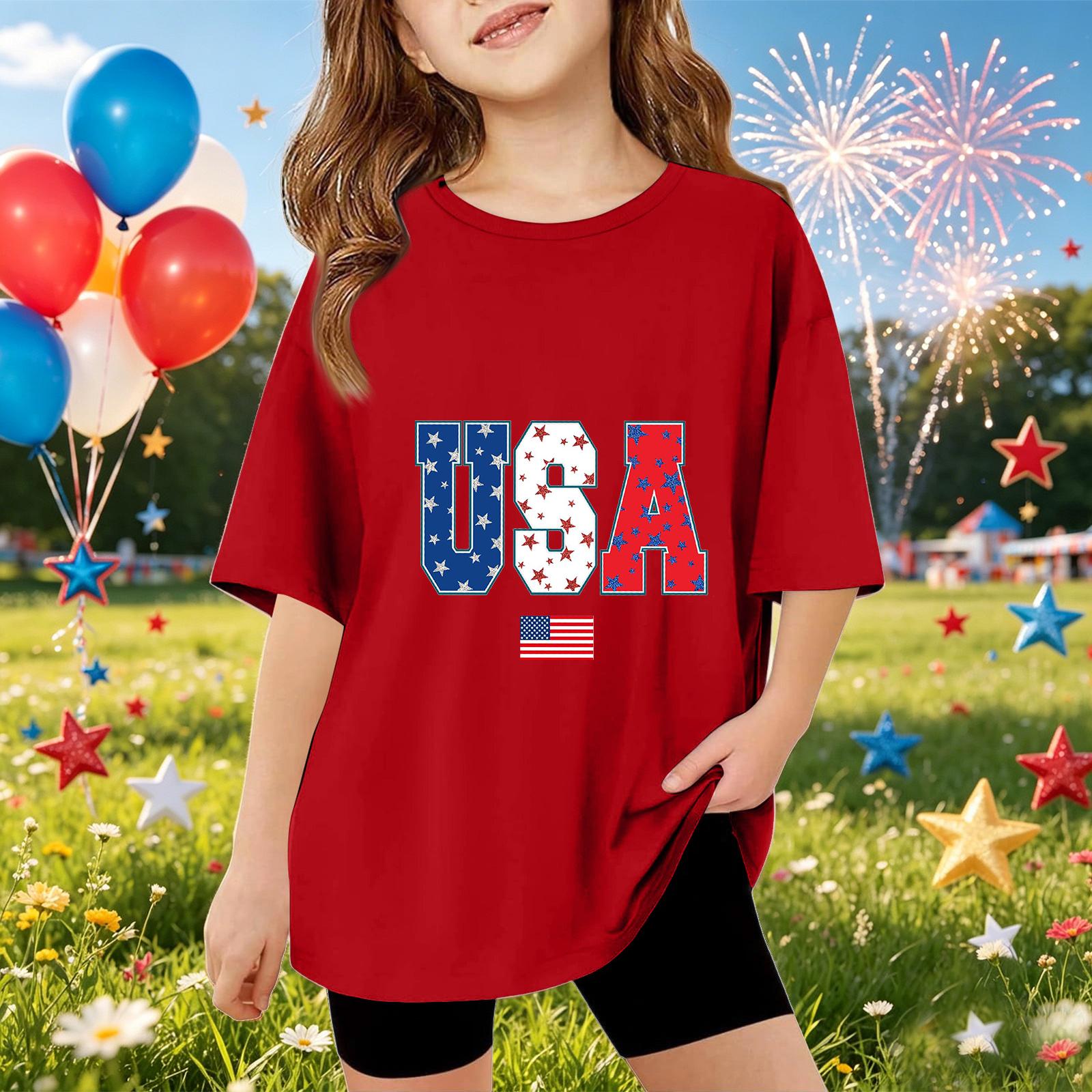 

Kids Short Sleeve T Shirt USA Patriotic Print Casual Top Lightweight Comfortable Fit Summer Tee for Boys Girls 110 червоний