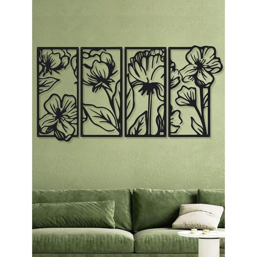 Gothic Floral Wall Art Set of 4 – Black Metal Vintage Panels, Dark Aesthetic Decor for Home
