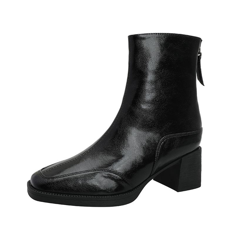 Customized Women's Boots~ High Heel Short Boots Women's Boots Thick Heel Brown New Medium Tube Women's Leather Boots Winter Square Head Skinny Boots