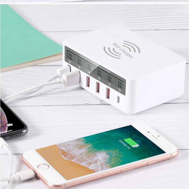 USB PD QC Charger Adapter Wireless Charger 6 Ports Fast Charging Station for IPhone 16/15/14 Pro Max IPad, Samsung Huawei