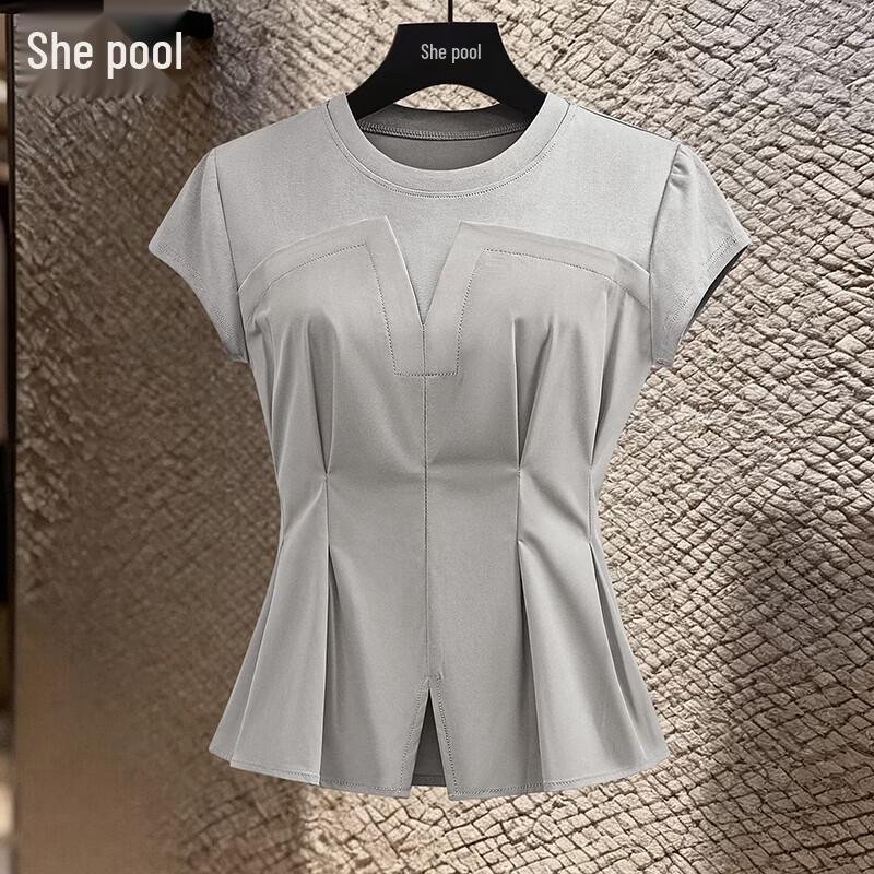 Women s Slimming Faux Two-Piece T-Shirt M светло-серый