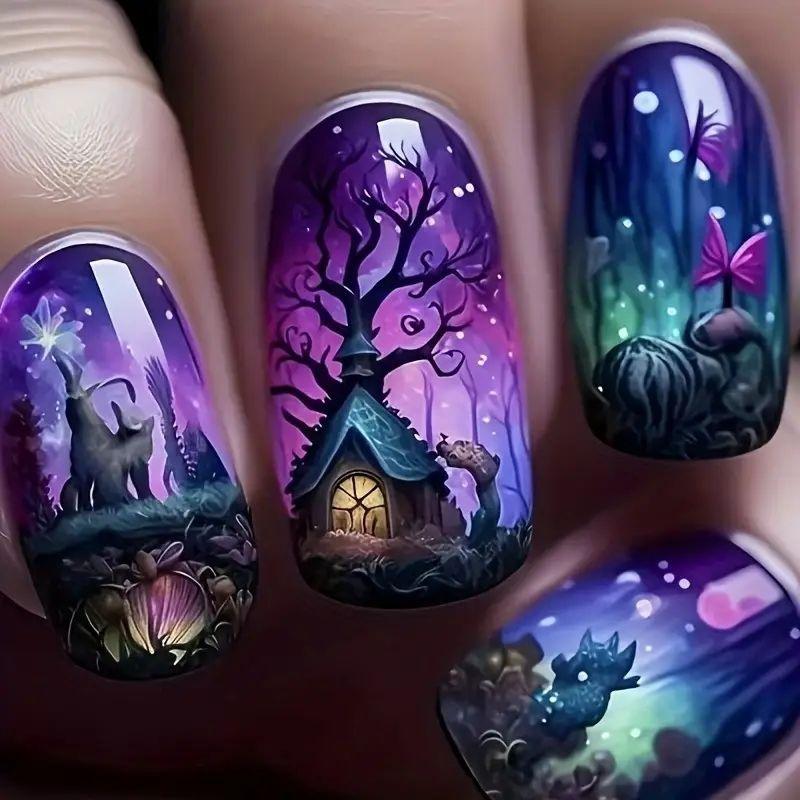 

Europe and the United States hot-selling nail art Halloween dream forest tree house flowers long square wearing armor Jelly glue + rubbing strips