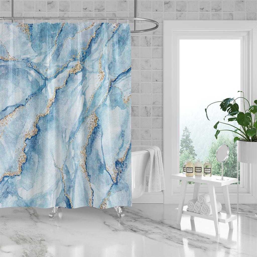 1 Piece of 180x180cm Blue Marble Pattern Digital Printing Shower Curtain Partition Bathroom Waterproof and Mold Resistant