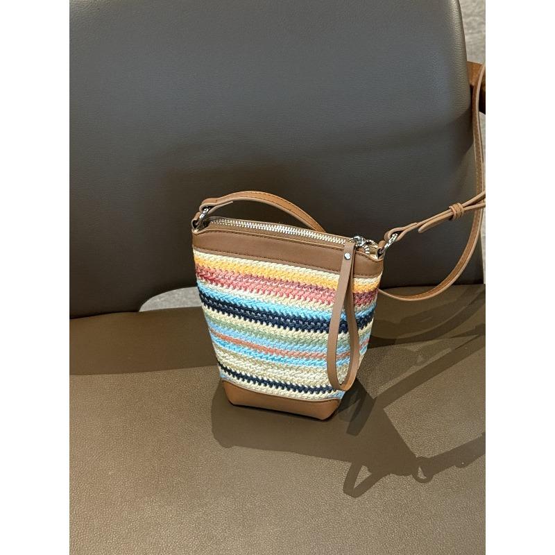 

Hot-selling women s bags summer raffia grass with cowhide woven bags niche versatile shoulder messenger bags