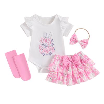 Baby Girls Easter Outfits Letter Embroidery Flying Sleeve Romper + Bunny Print Skirt + Bow Headband + Socks