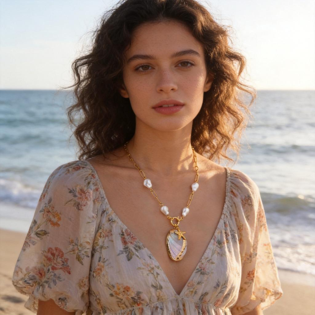 Exaggerated Abalone Shell Pendant Necklace for Women Shell Starfish Necklaces Fashion Imitation Pearl Bead Chain Jewelry Gift