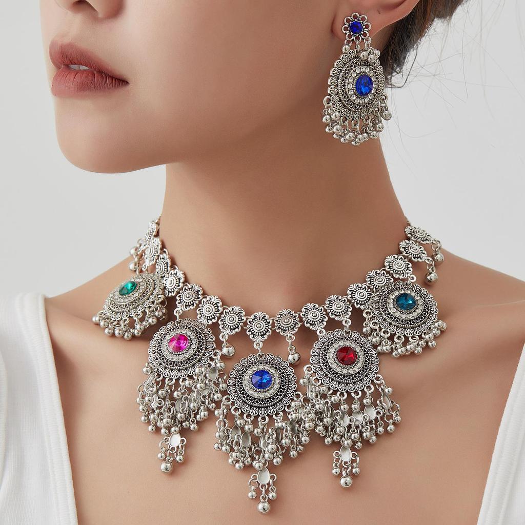 Exaggerated Indian-Style Rhinestone Tassel Necklace & Retro Ethnic Earrings Set