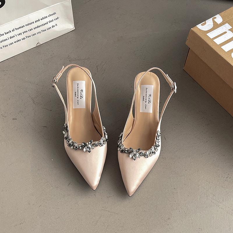 

Женские весенние модные сандалии на высоком каблуке для通勤, с острым носком, стразами и цепочкой из страз 39 абрикосовый