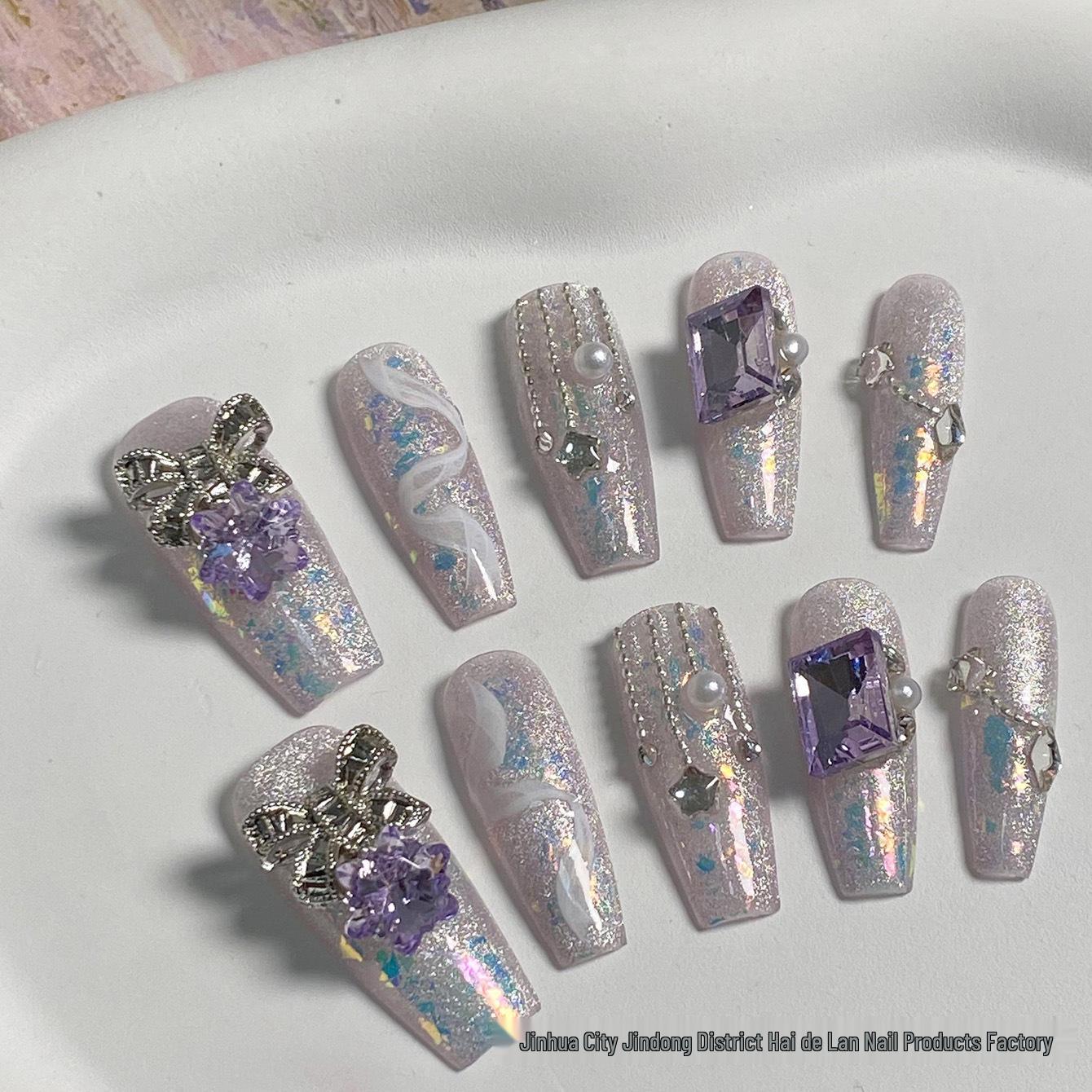 

Charming Purple Stardust Handmade Press-On Nails with Cat Eye Bow