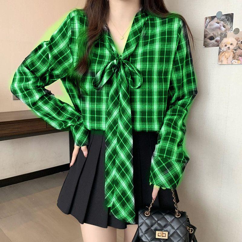 Women s Plus Size Retro Plaid Lace-Up Bowknot Long Sleeve Shirt M