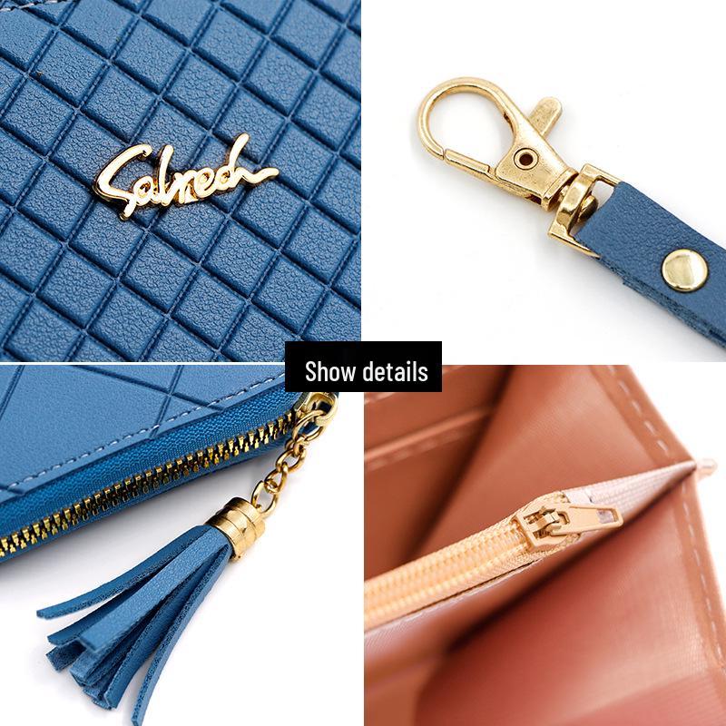 Korean-Style Women's Long Wallet with Hand Strap and Tassel Zipper Clutch