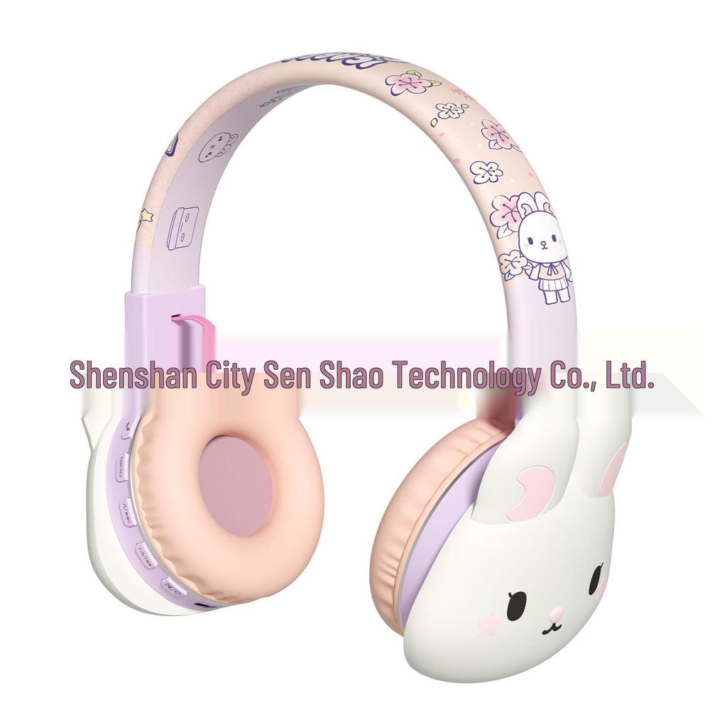 Purple Moon Rabbit Cartoon Over-Ear Bluetooth Headphones for Girls and Children