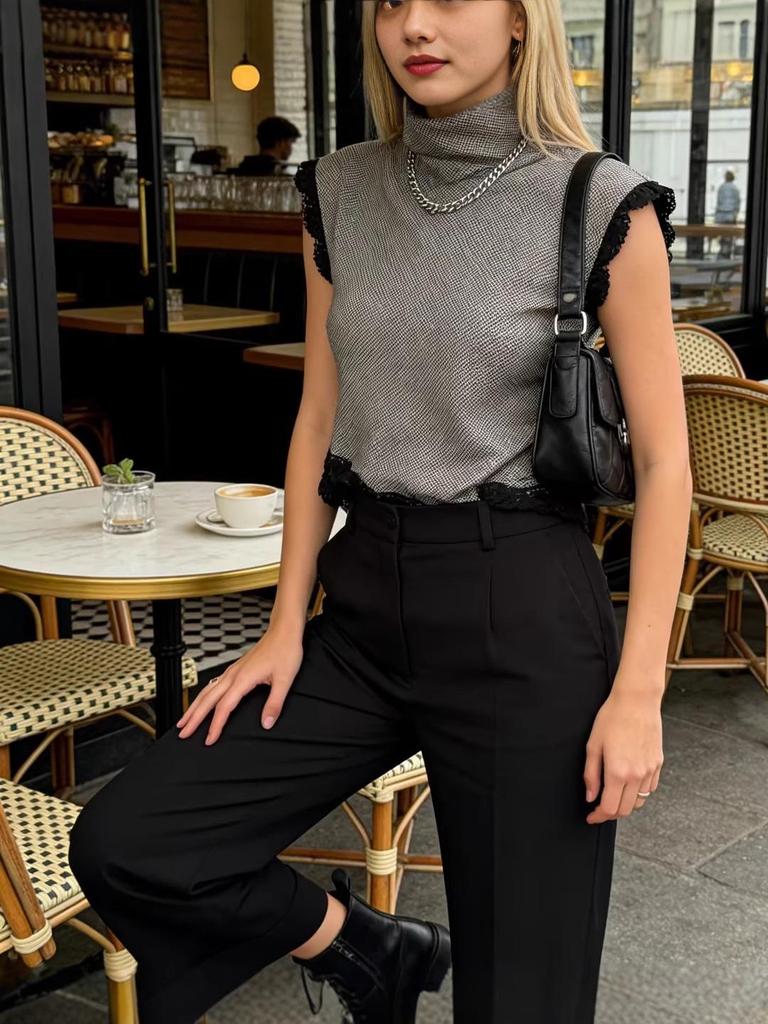 Γυναικείο Πουλόβερ Τοπ Ευρωπαϊκού Στυλ με Πέτο, Αμάνικο, με Δαντέλα και Σχέδιο Houndstooth