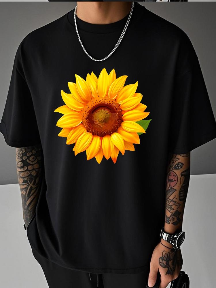 Unisex White Tee Vivid Realistic Yellow Sunflower Leaf Graphic Crew Neck Loose Casual Male Daily Summer Fashion Tops