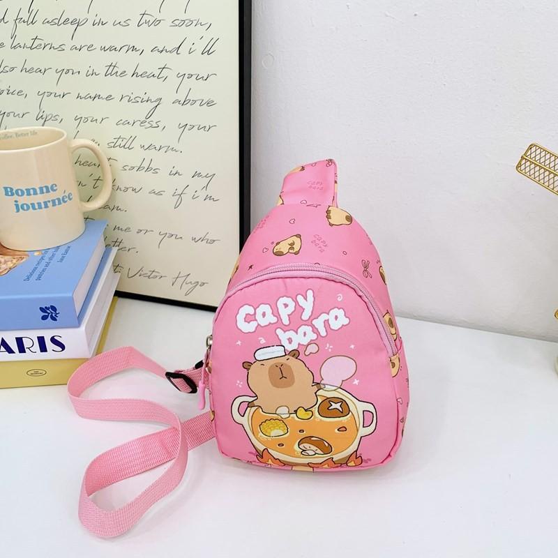Cartoon Capybara Food Printed Kids Crossbody Bag With Nylon Material For Daily Use And Lightweight Comfort