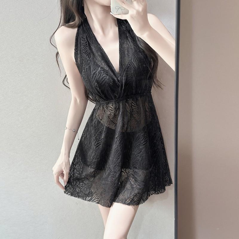 Bikini Retro Hanging Neck Deep V Hollow Mesh Swimsuit Women Waist Drawstring Thin Hot Vacation