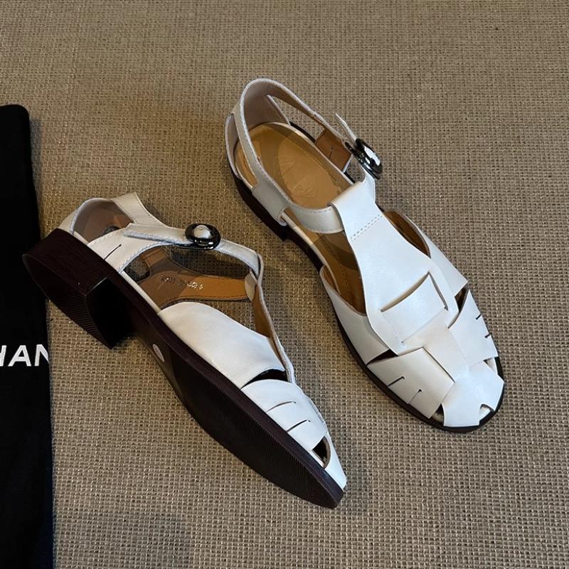 Cowhide version~ retro style woven bag head sandals women's summer wear genuine leather flat-bottomed cool slippers pig cage shoes