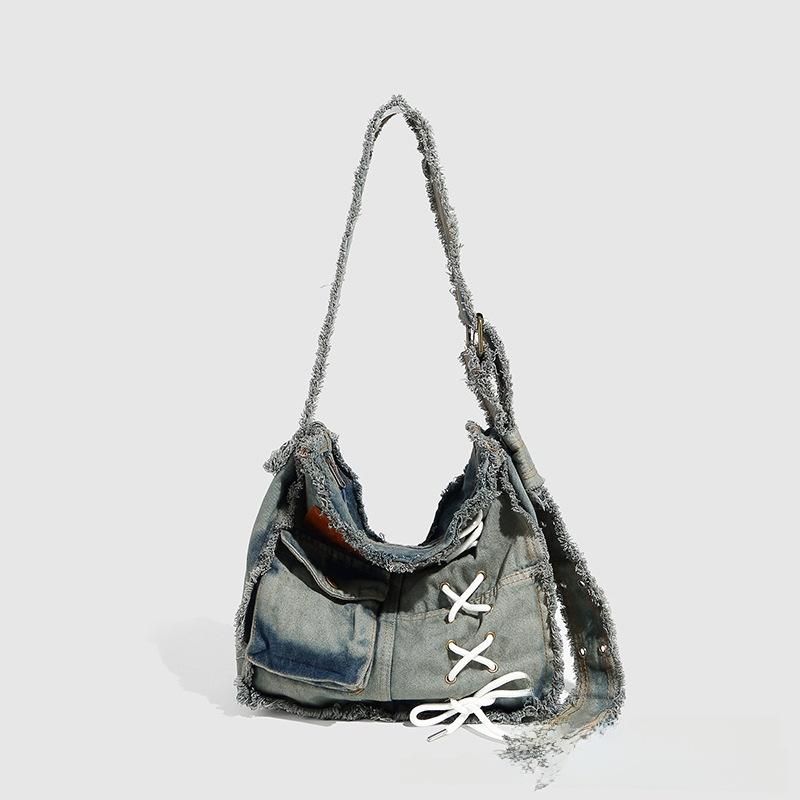 Women s Bag Diagonal Cross Large Capacity Y2k Hot Girl Style Old Washed Denim Retro Earth-style Tote