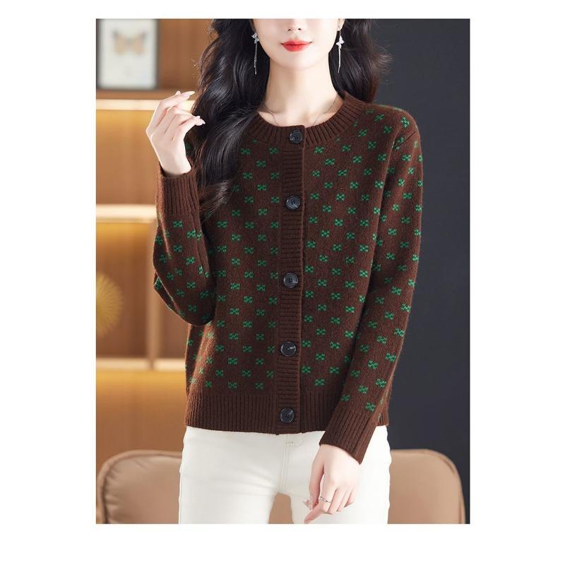 Pullover Damen Rundhalsjacke Lockerer Cardigan Geometrisches Grafikmuster Kontrastfarbe Knopf Langarm Körper