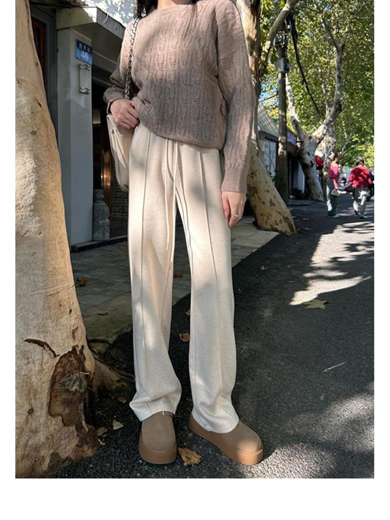 Women's Early Autumn Fleece-Lined High-Waisted Herringbone Trousers: Slimming, Casual Straight-Leg Design