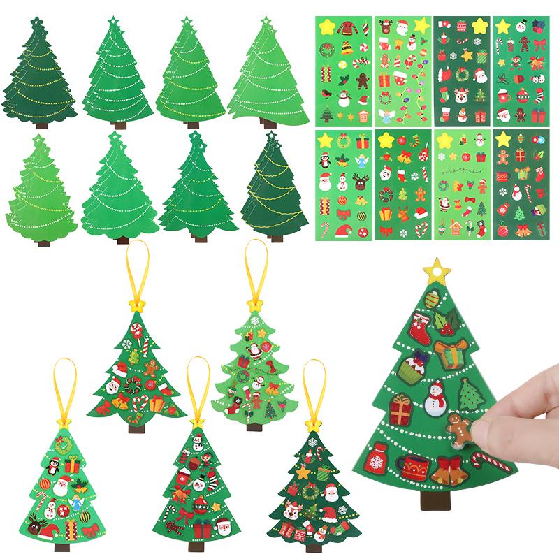 24pcs/set DIY Christmas Tree Craft Kit with Stickers Kids Gift Favors New Year Party Home Decoration Xmas Tree Hanging Ornament
