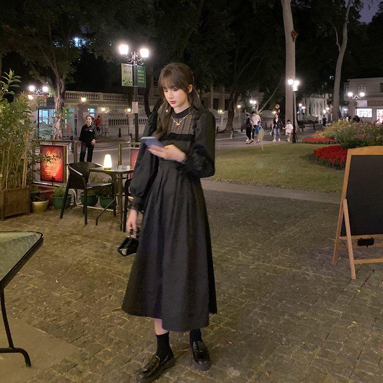 Autumn Gothic Black Lace Dress Women Casual Elegant Party Midi Ruffle Long Sleeve Dress Emo Y2k Goth Clothes