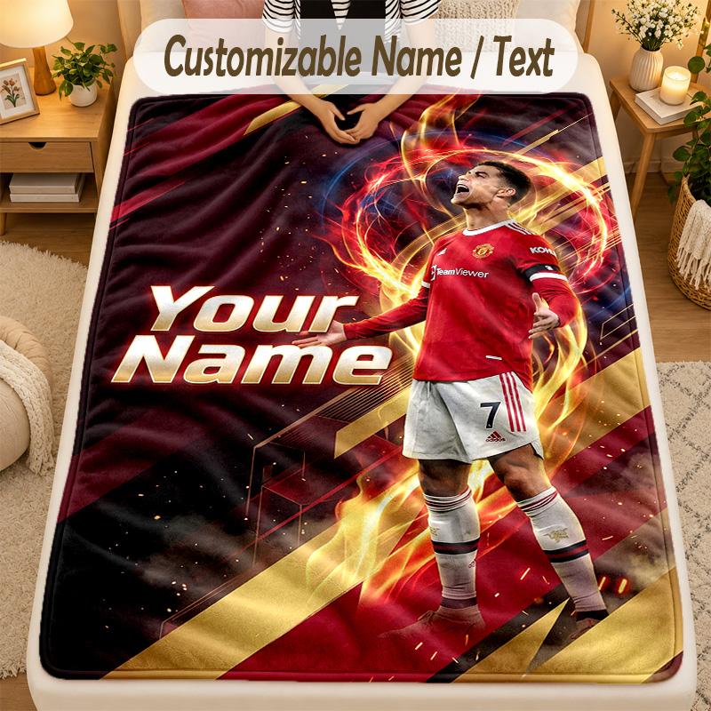 Flannel BlanketCristiano Ronaldo Custom Name Text Personalized Soft Warm Throw Blanket Home Decor Gift