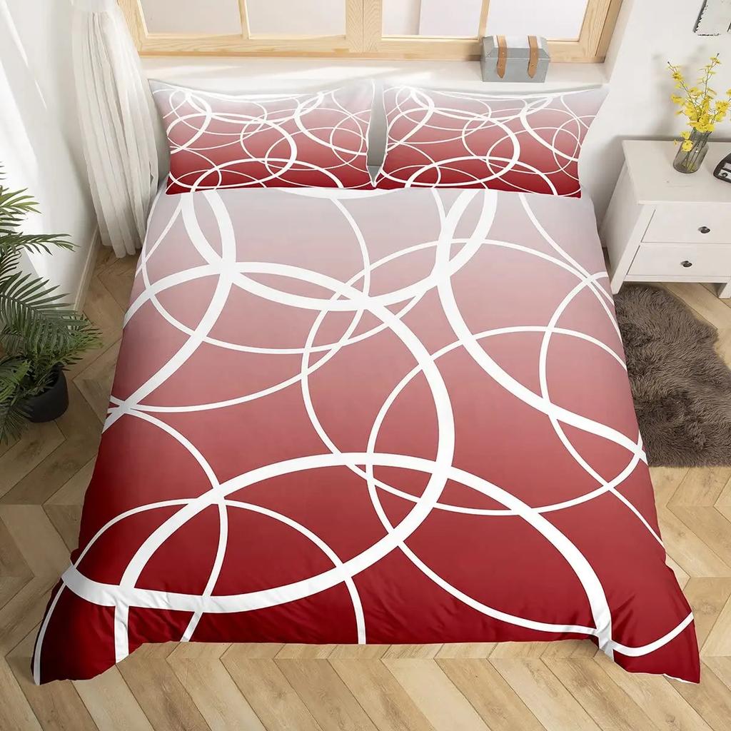 Geometric Squares Duvet Cover Set Red Beige Circle Bedding SetModern Simple Style Comforter CoverAbstract Art Quilt Cover King