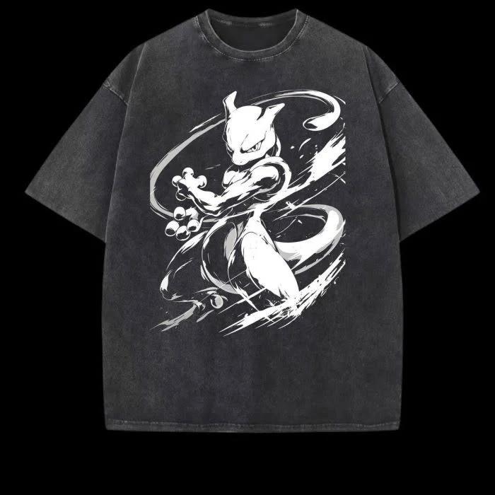 Japanese Pokmon anime Summer New washed Tshirt Mewtwo pattern large unisex Harajuku Loose shortsleeved Harajuku shirt