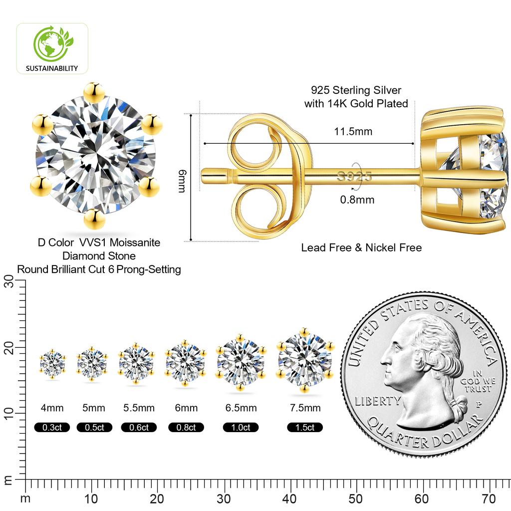 Luxury 3ct 2ct 1ct Diamond Stud 925 Sterling Silver Women Jewelry 14K Gold Plated VVS GRA Certificate Moissanite Earring Men