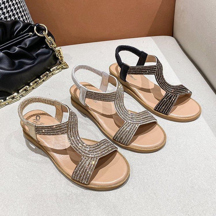 Keilsandalen Damen Frühling und Sommer neu Feenwind Strass elastisches Band offene Zehen Mode Sandalen