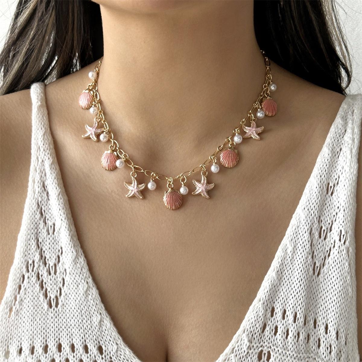 

Trendy Enamel Starfish Shell Imitation Pearl Tassel Pendant Necklace For Women Men Bohemian Summer Ocean Beach Choker Zircon