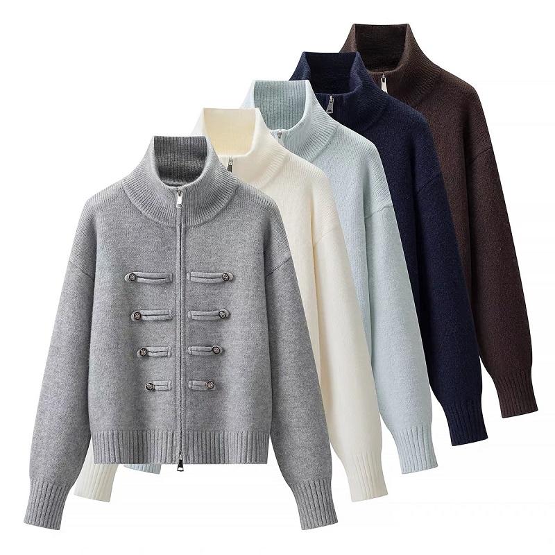 Women's Military Style Casual Loose Zip-Up Knit Cardigan Sweater