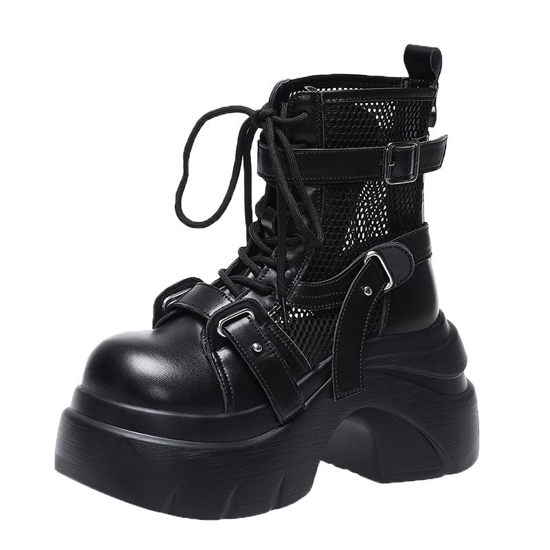 Fashion Designer Women's Short Boots New Early Autumn Mesh Leather Chunky Boots Gladiator High Platfom Buckle Goth Boots Mujer Zapatos