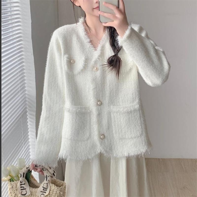 2025 autumn new imitation mink small fragrant knitted cardigan top gentle and sweet wind vertical stripes thin coat