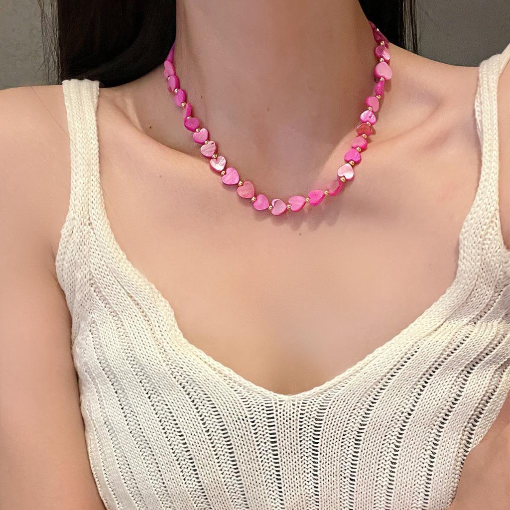 French Retro Pastel Heart Choker Necklace, Elegant Pearl Luster Love Bead Clavicle Chain, Multi-Color Fairycore Jewelry for Women